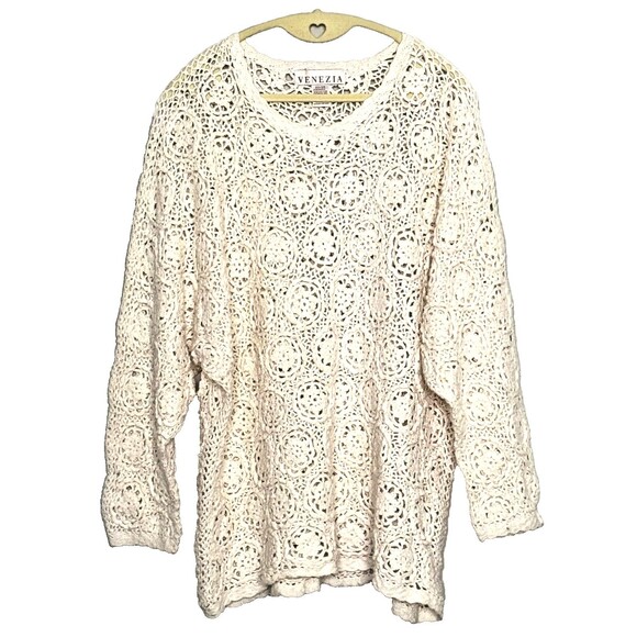 Y2K VENEZIA Floral Crochet Knit Bohemian Sweater Womens 22 24 Cottagecore Cream - Picture 4 of 8
